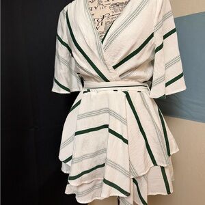 Chic Striped Wrap Dress in Green and White